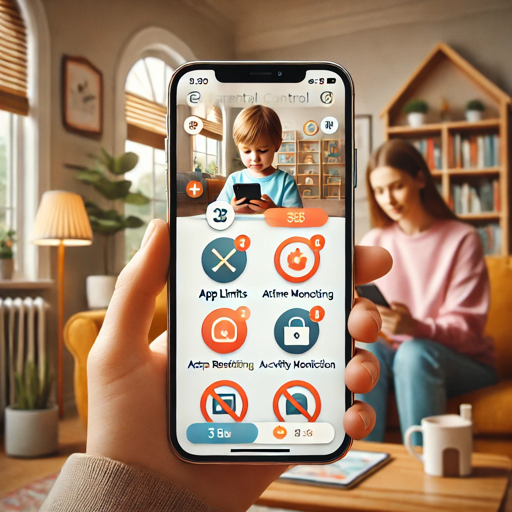 "Смартфон с интерфейсом приложения для родительского контроля, показывающий настройки ограничений на использование приложений, временные лимиты и мониторинг активности, на фоне родитель и ребенок, символизирующие цифровую безопасность"
