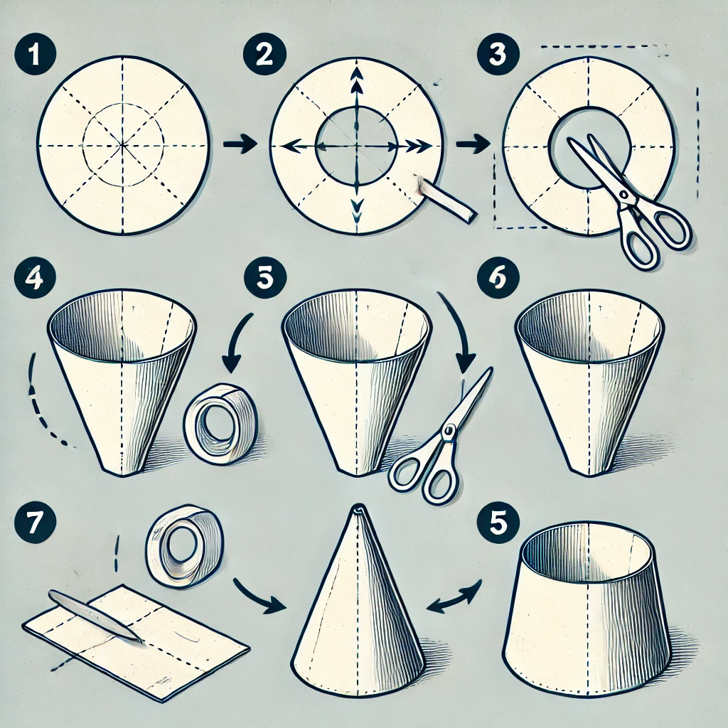"Пошаговая инструкция по созданию конуса из бумаги или картона, включающая этапы рисования круга, вырезания, разрезания до центра, формирования конуса и закрепления клеем или скотчем."